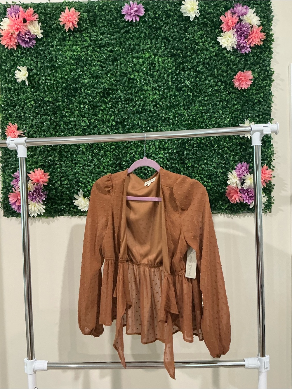 Listicle Rust Brown Swiss Dot Tie-Front Blouse
